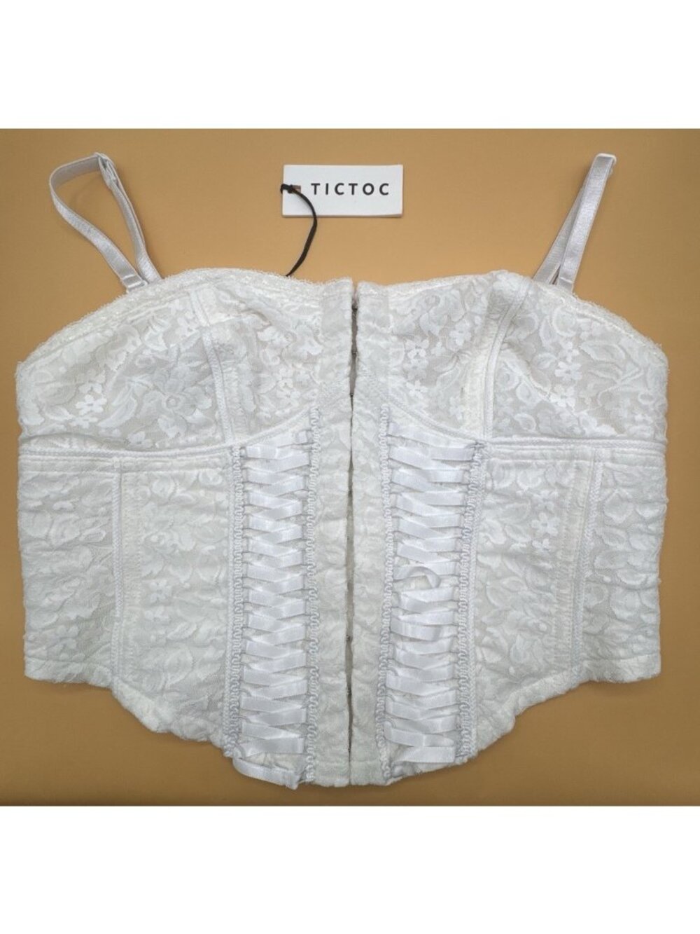 Tic Toc Womens Lace Corset Top With Ribbon Detailing Soft No Boning White Size L